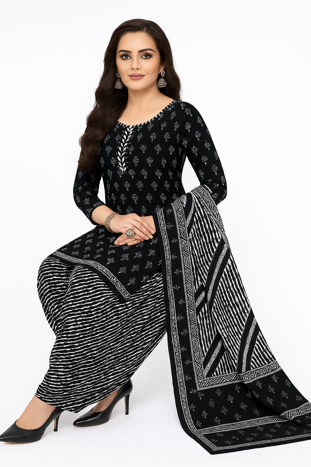 Cotton Printed Patiala Salwar Suit Set - Timeless Black & White Printed.