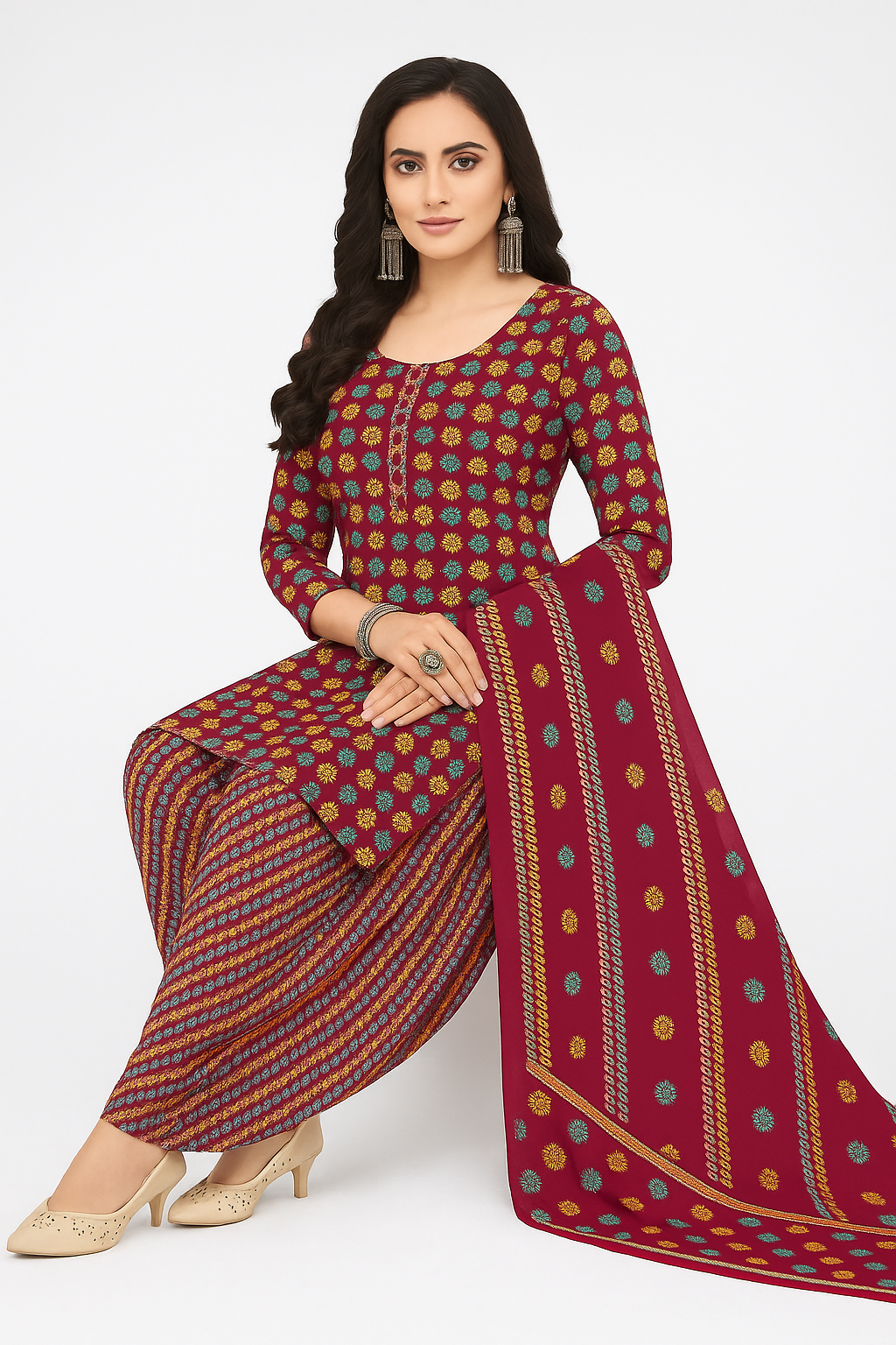 Cotton Printed Patiala Salwar Suit Set with Dupatta – Maroon & Multicolor Patchwork Design