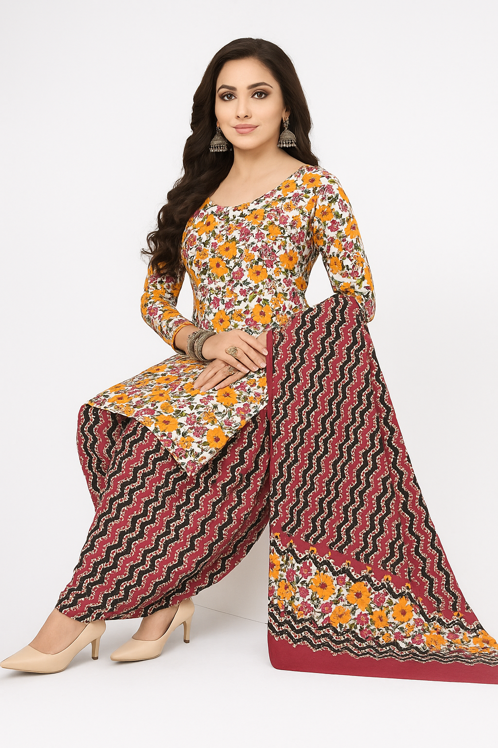 Cotton Printed Patiala Salwar Suit Set - Floral Elegance Maroon & Mustard