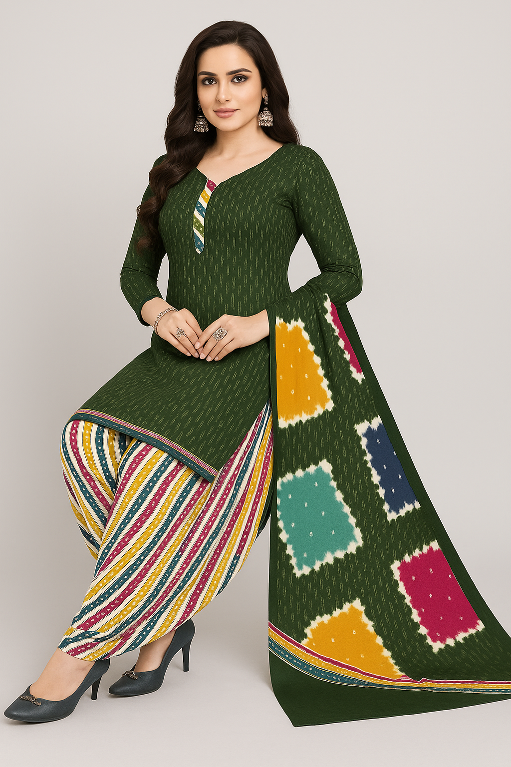 Cotton Printed Patiala Salwar Suit Set - Vibrant Green & Multicolor