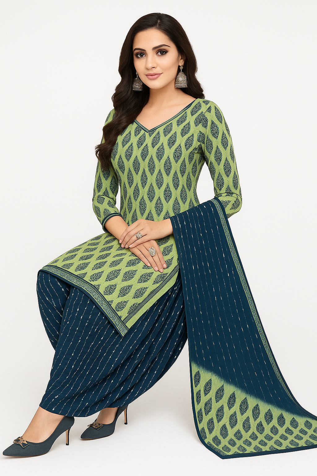 Cotton Printed Patiala Salwar Suit Set with Dupatta- Green & Navy-Blue.