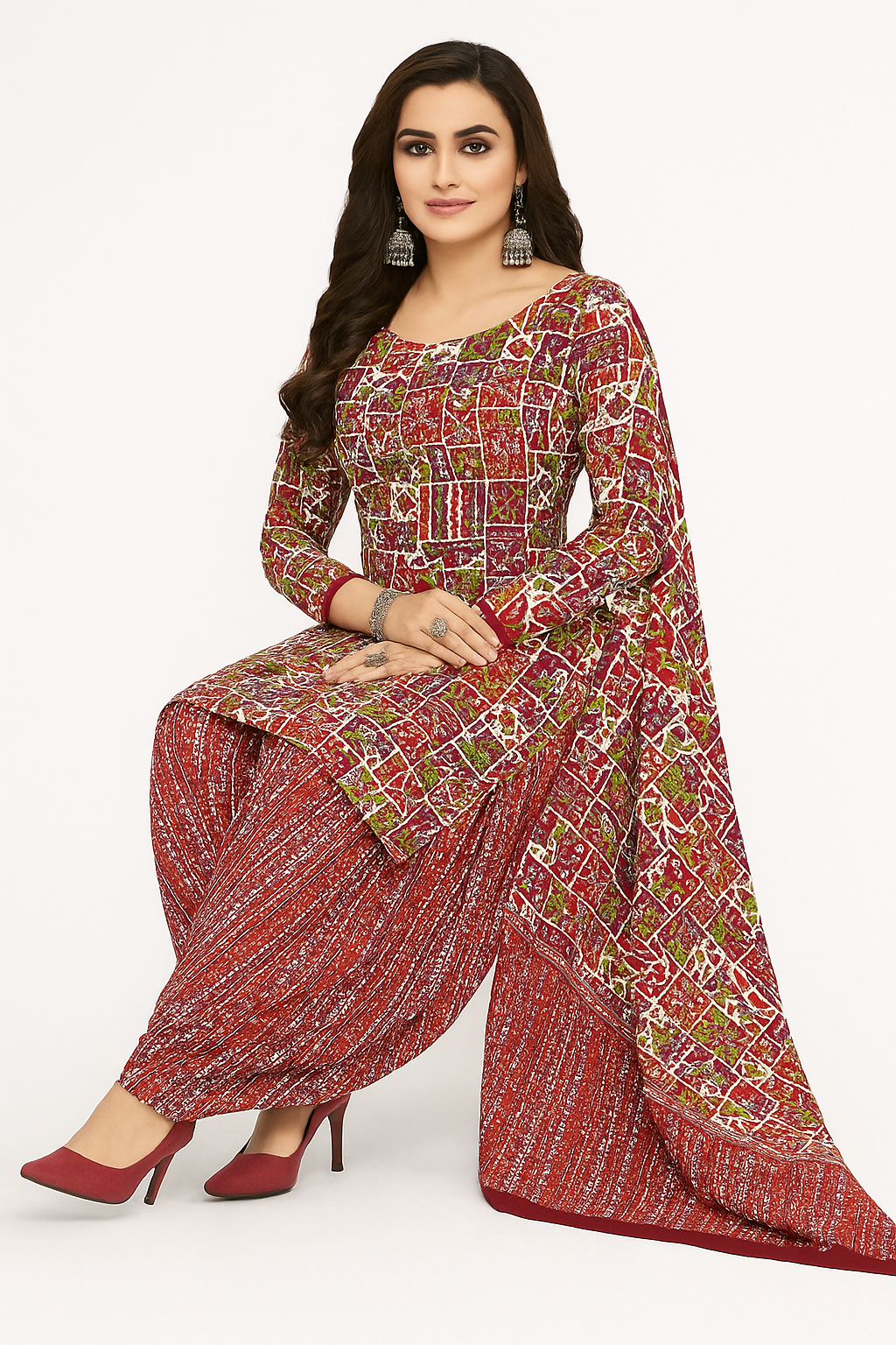 Cotton Printed Patiala Salwar Suit Set- Maroon Multicolor.