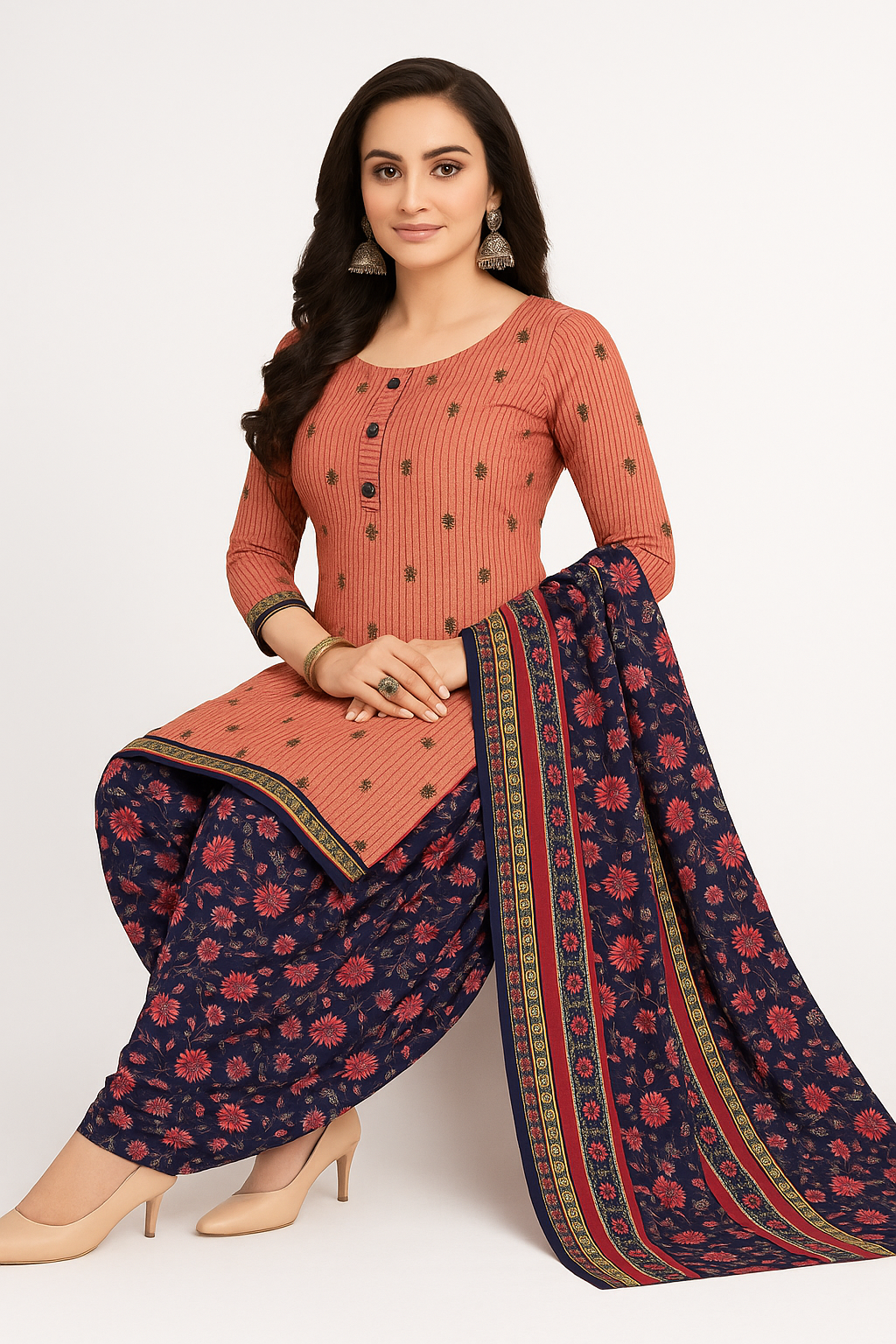 Cotton Printed Patiala Suit Set with Floral Dupatta – Rust Orange & Navy Blue.