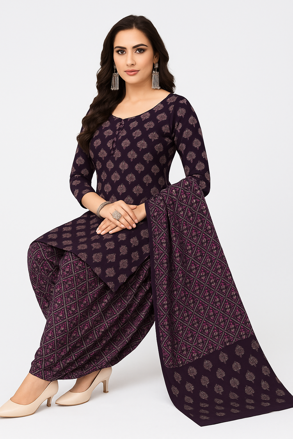 Cotton Printed Elegant Patiala Salwar Suit Set - Maroon & Beige Floral.