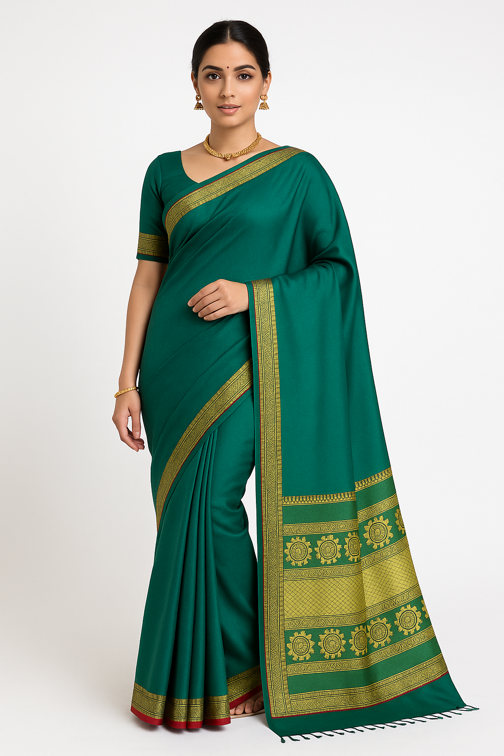 Regal Green Cotton Silk Saree with Rich Gold Zari Border & Pallu