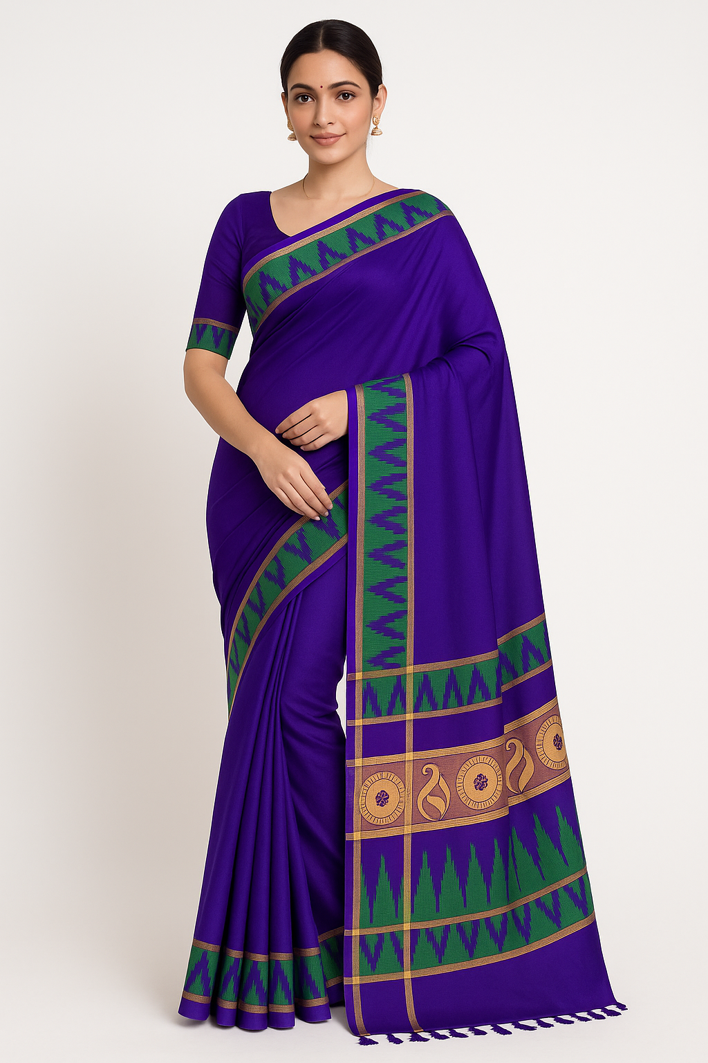 Royal Purple Cotton Silk Saree with Traditional Green &amp; Gold Woven Border