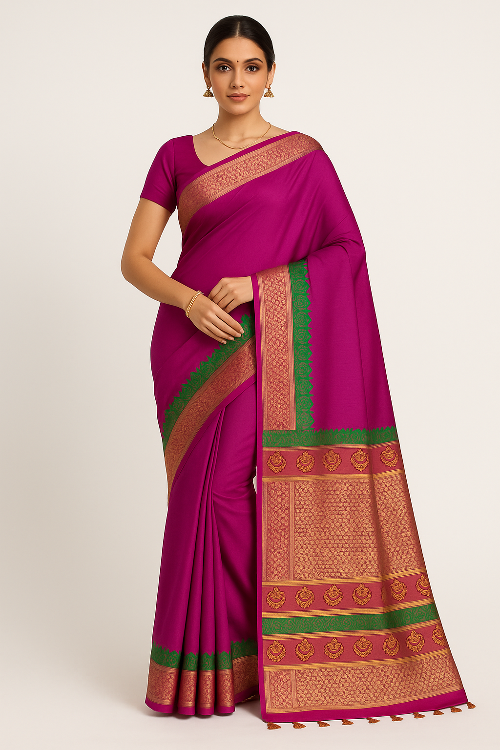 Majestic Magenta Cotton Silk Saree with Rich Zari Woven Pallu & Green Border