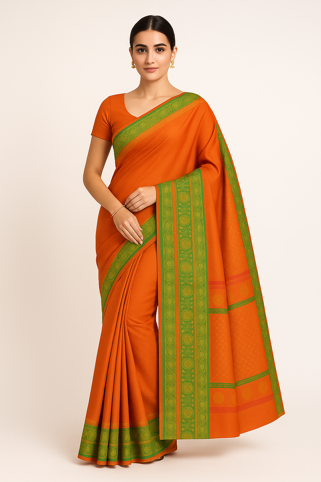 Vibrant Orange Cotton Silk Saree with Green Woven Border