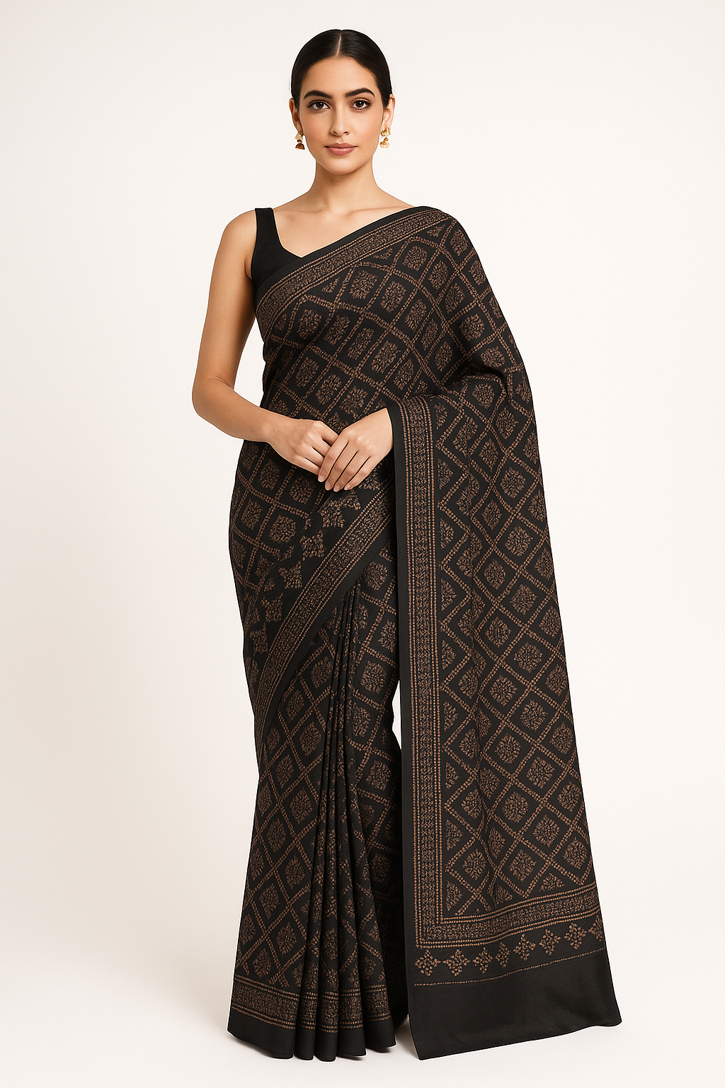 Elegant Black Saree with Traditional Geometric Motifs