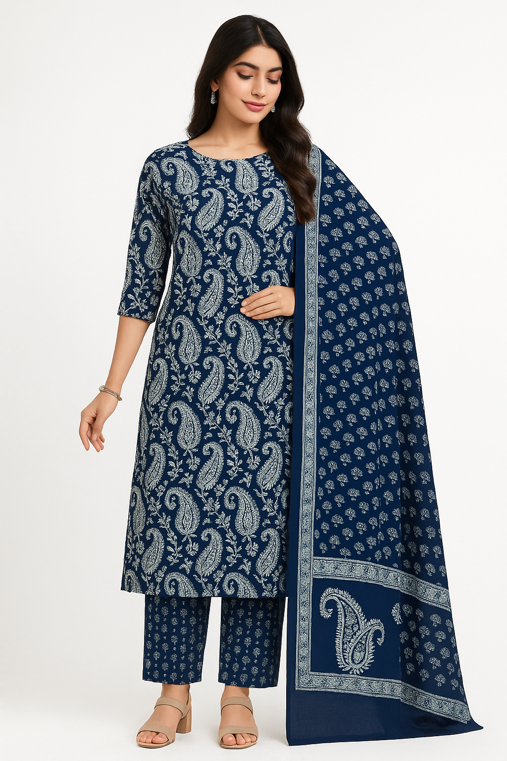 Elegant Paisley Printed Navy-Blue Cotton Salwar Suit (3-Piece Set)
