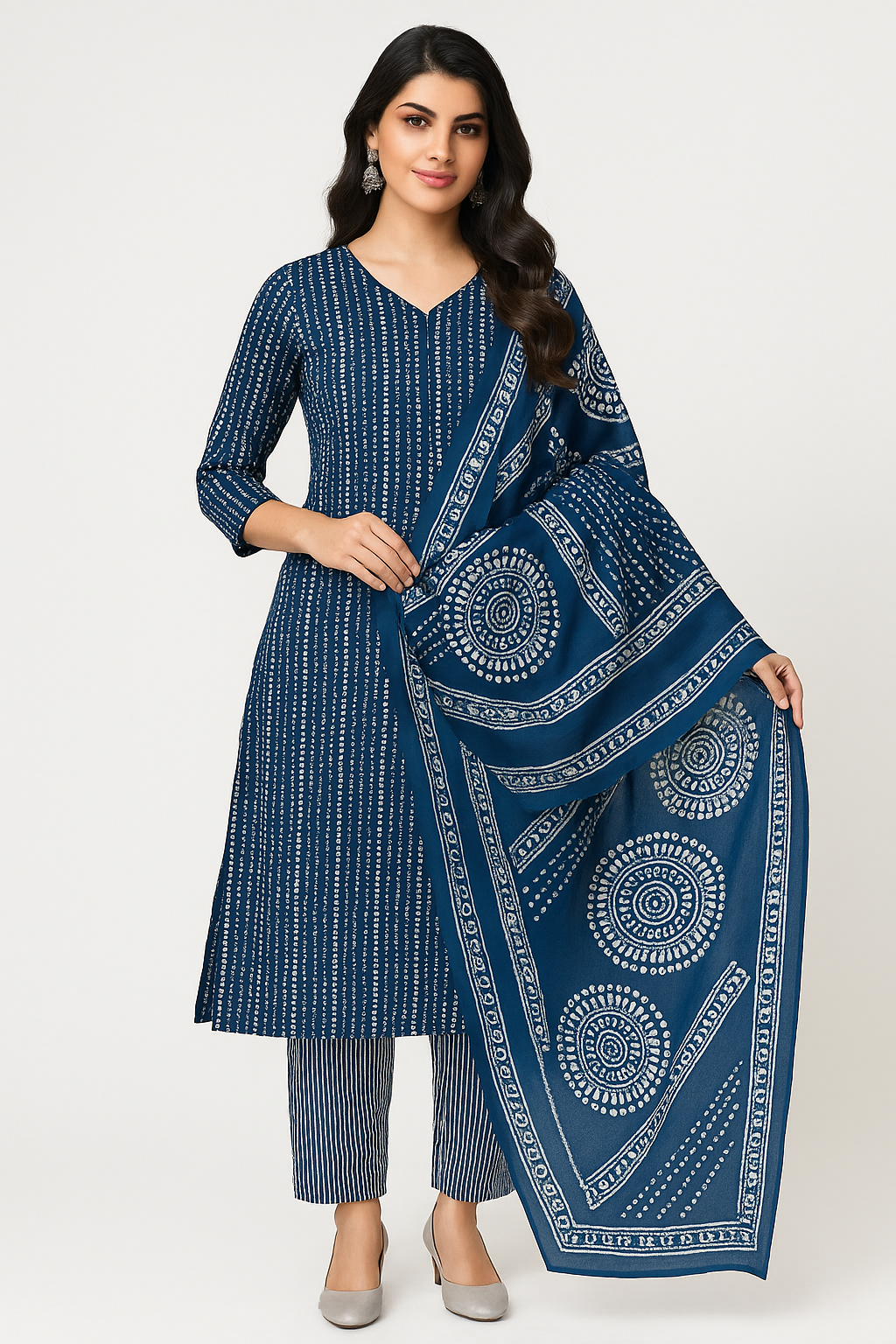 Indigo Blue Handblock Print Cotton Salwar Suit Set for Women – 3 Piece Kurta, Pant &amp; Dupatta