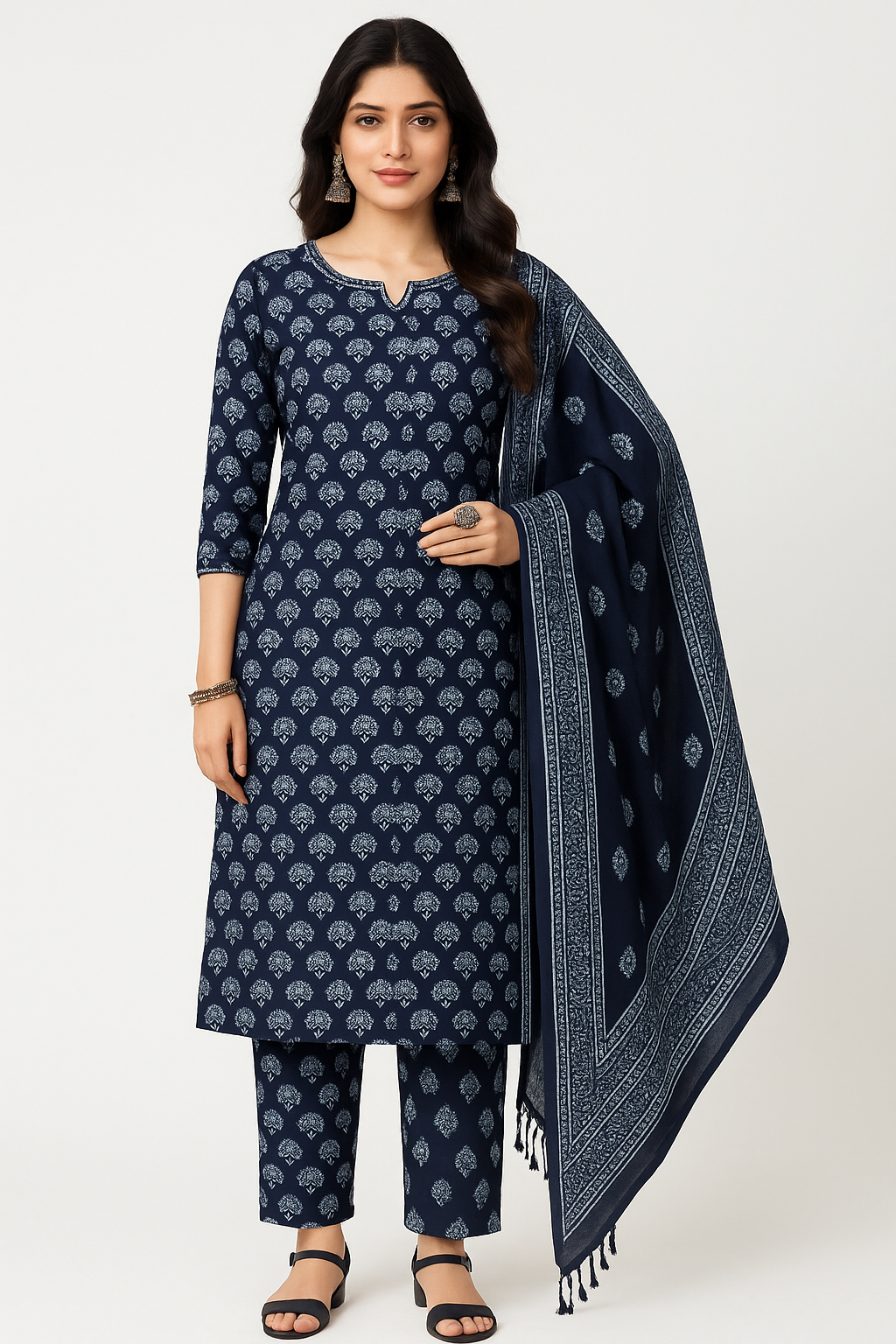 Navy Blue Hand-Block Printed Cotton Salwar Suit Set (3-Piece)