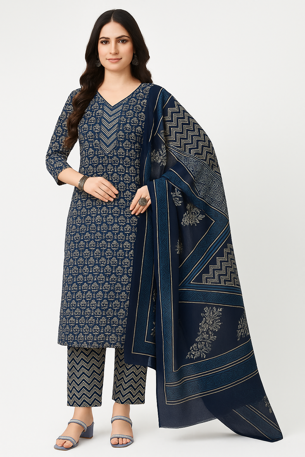 Elegant Navy Blue Printed Cotton Salwar Suit Set with Dupatta