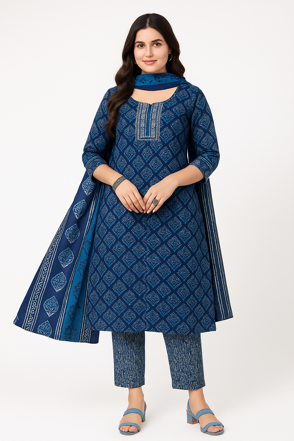 Graceful Indigo Blue A-Line Cotton Salwar Suit Set with Printed Dupatta