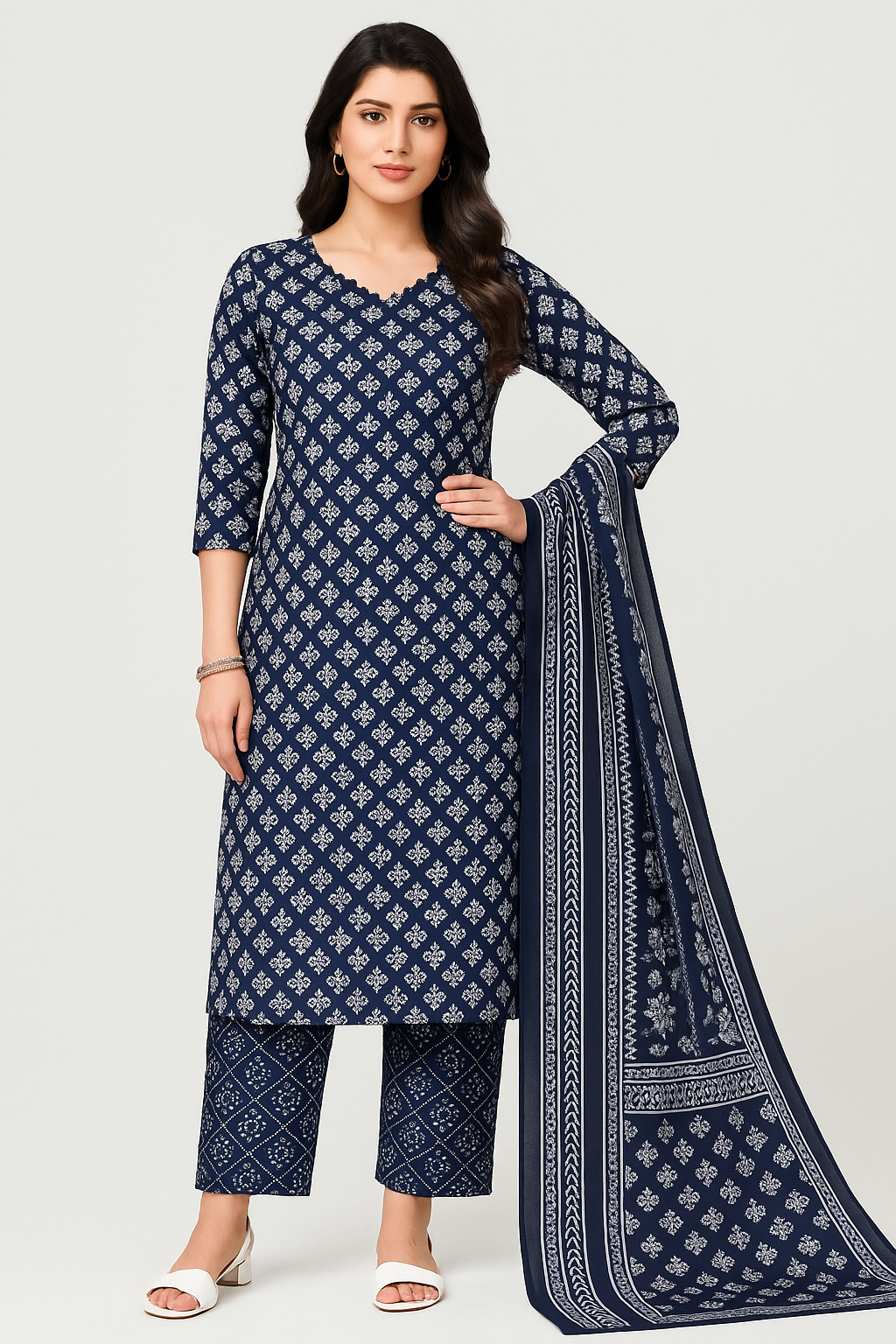 Classic Indigo Blue Cotton Salwar Suit Set with Printed Dupatta