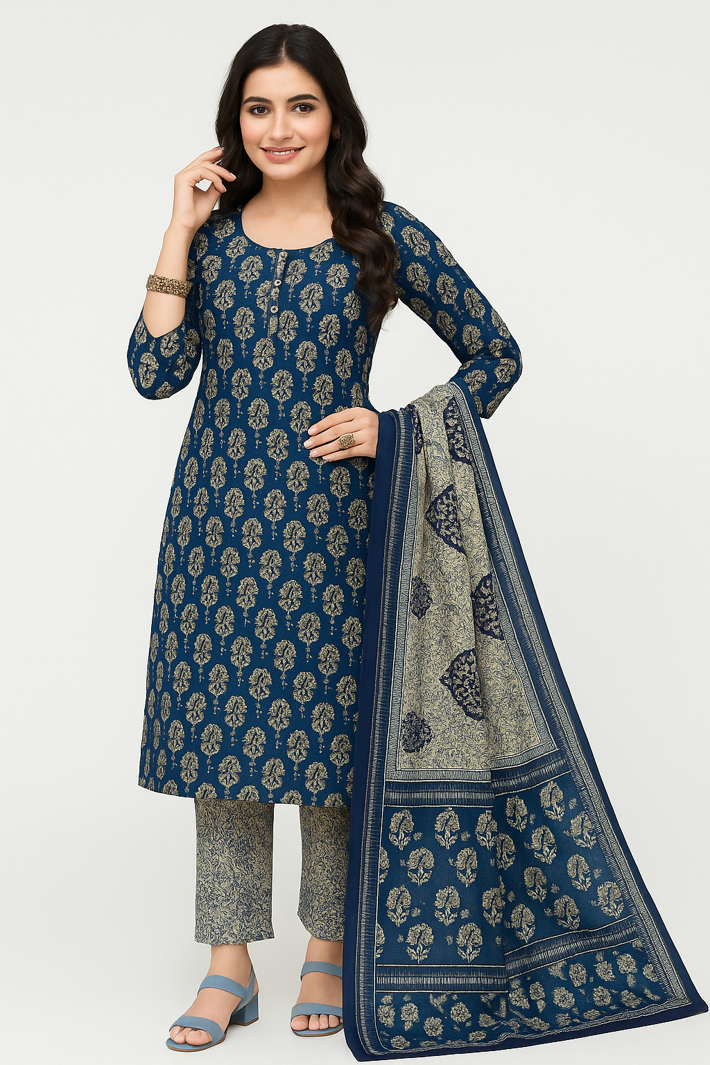 Royal Blue Cotton Printed Salwar Suit Set with Elegant Dupatta