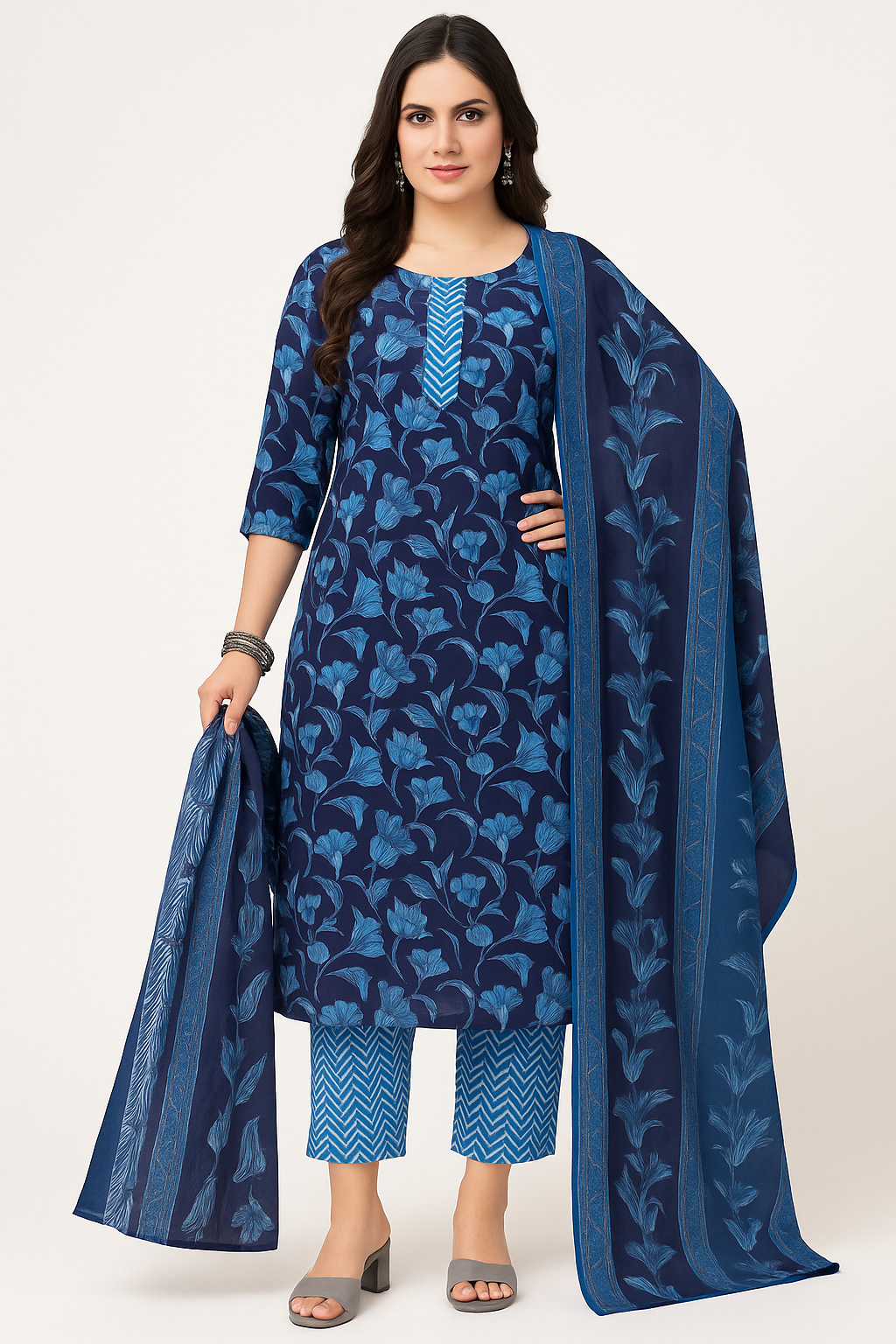 Elegant Navy Blue Floral Print Cotton Salwar Suit Set