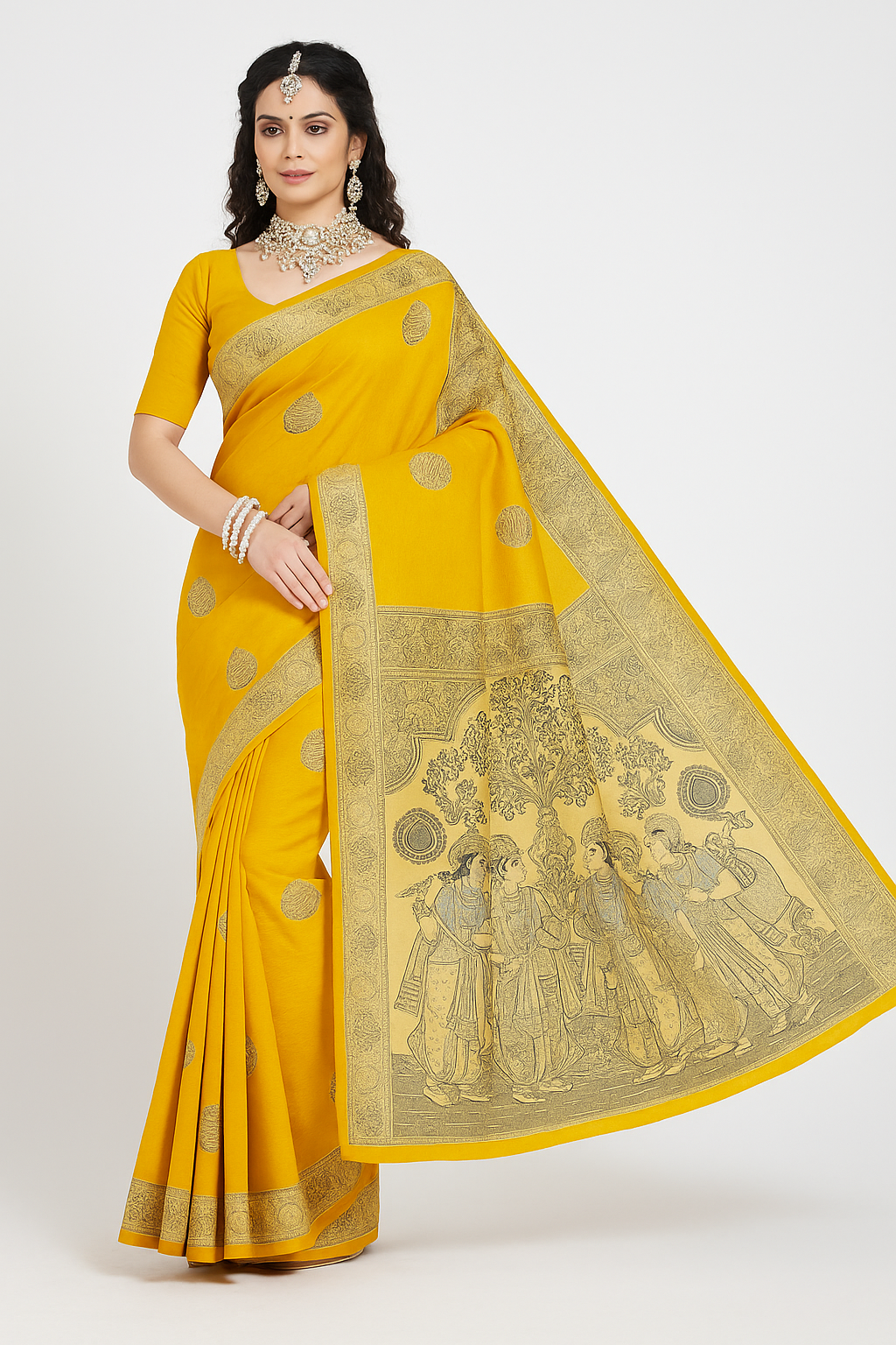 Mustard Yellow Madhubani Art Cotton Saree with Traditional Pallu