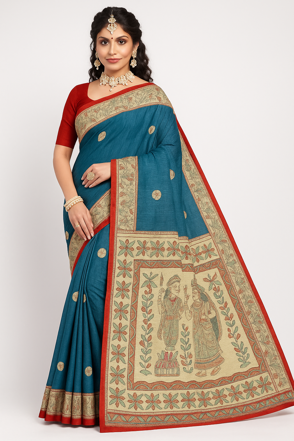 Teal Blue Madhubani Art Saree with Red Border – Handcrafted Elegance