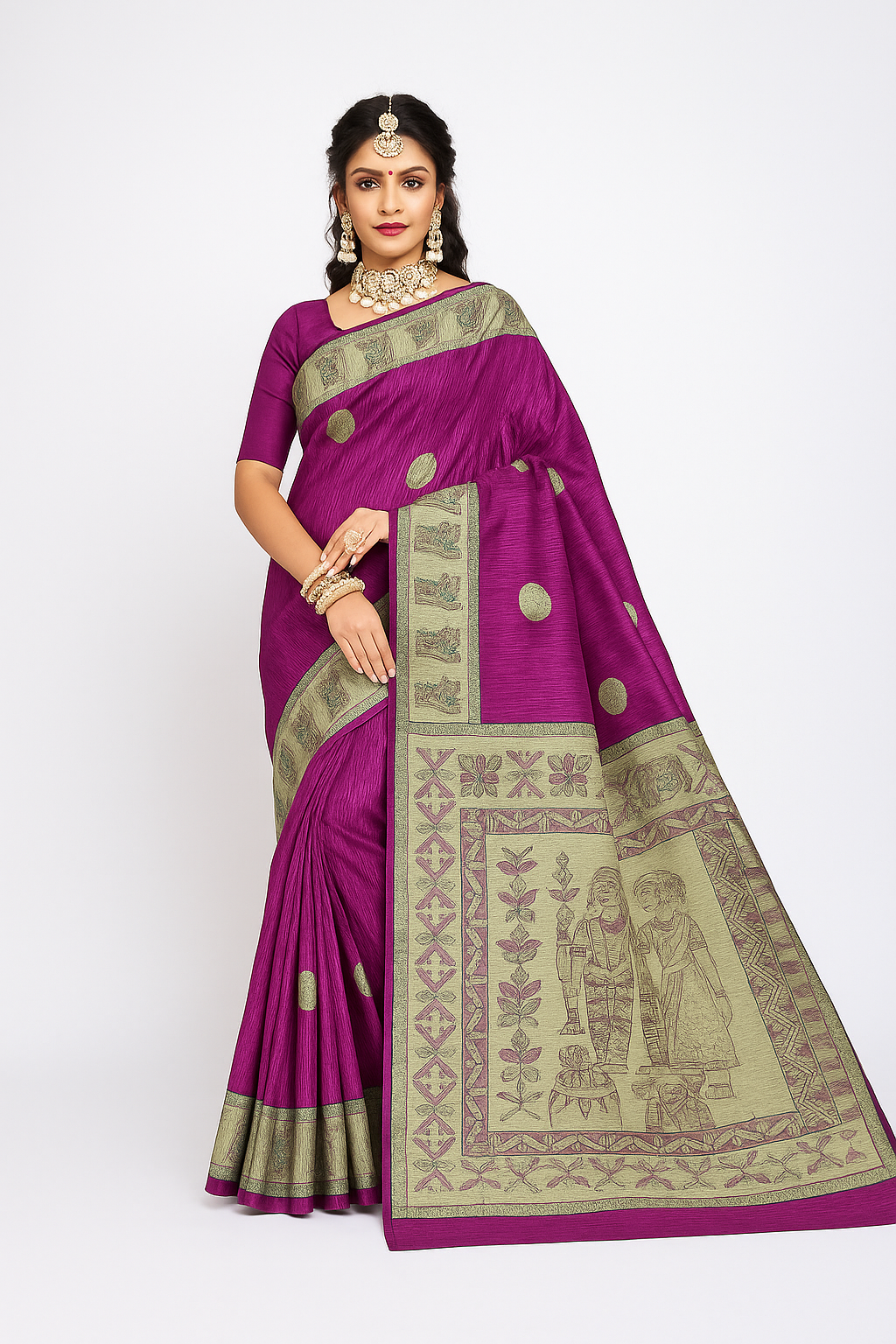 Madhubani Art Handloom Saree – Royal Purple with Olive Green Motifs