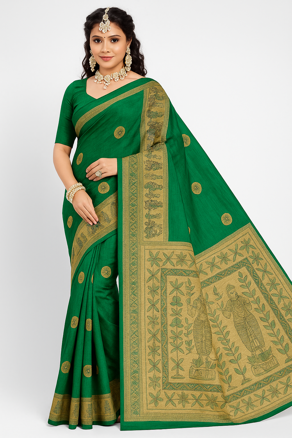 Graceful Green Cotton Silk Saree with Madhubani Art Pallu