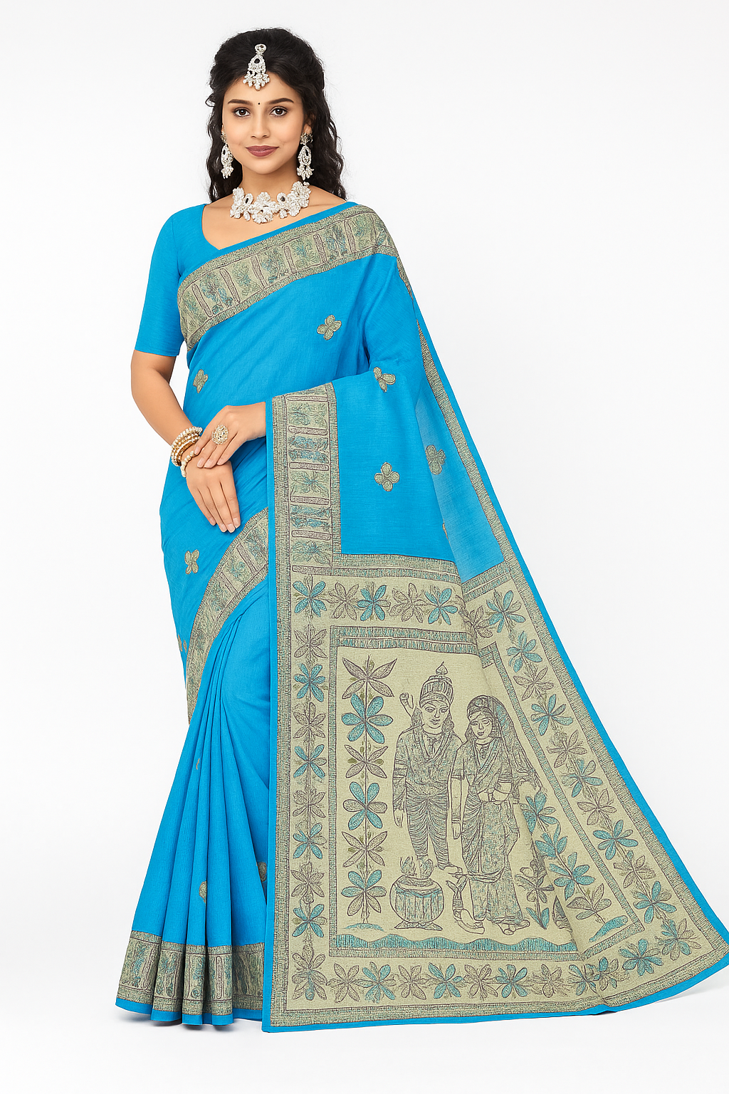 Sky Blue Mithila Art Cotton Saree with Wedding Theme Pallu