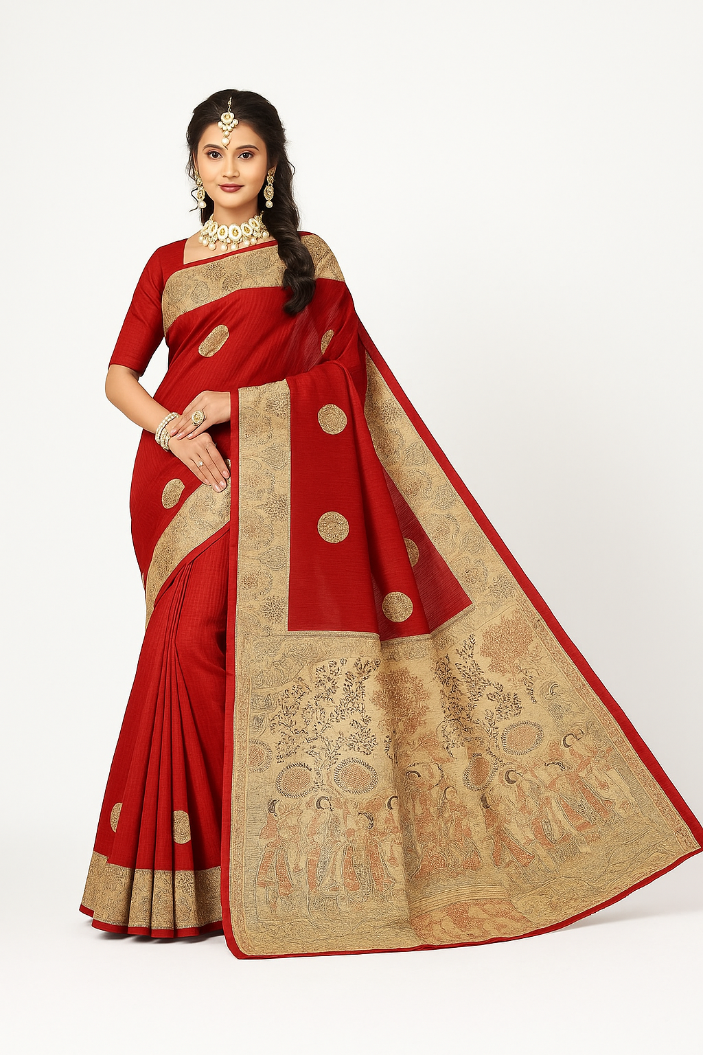 Regal Red Cotton Silk Saree with Madhubani Art Pallu