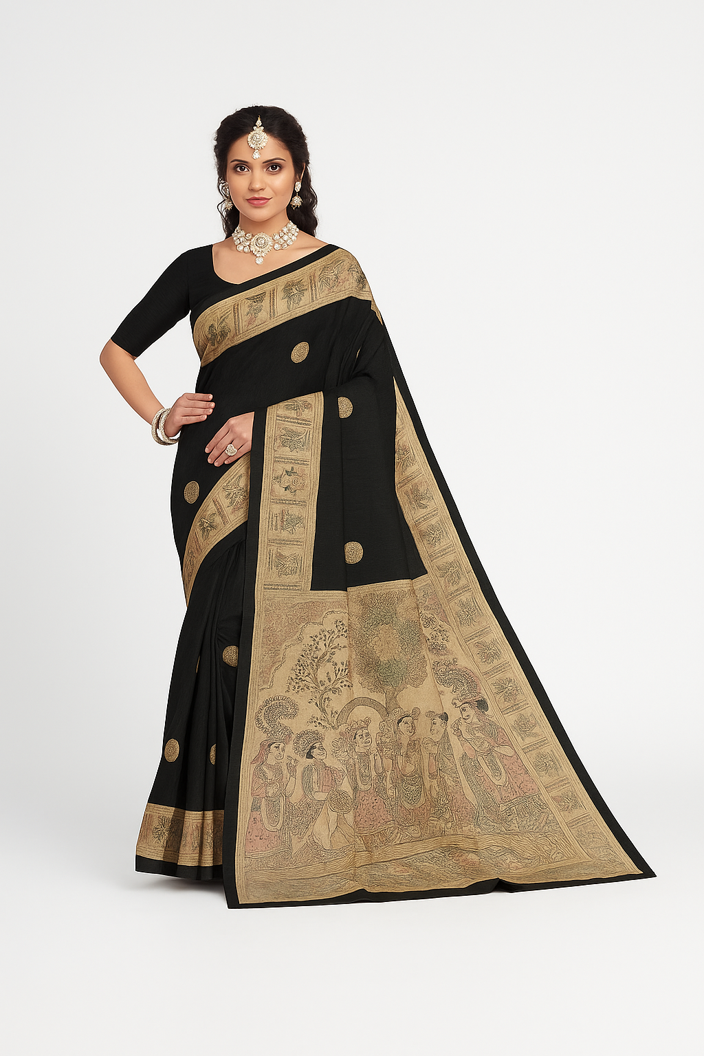 Black Madhubani Art Saree in Cotton