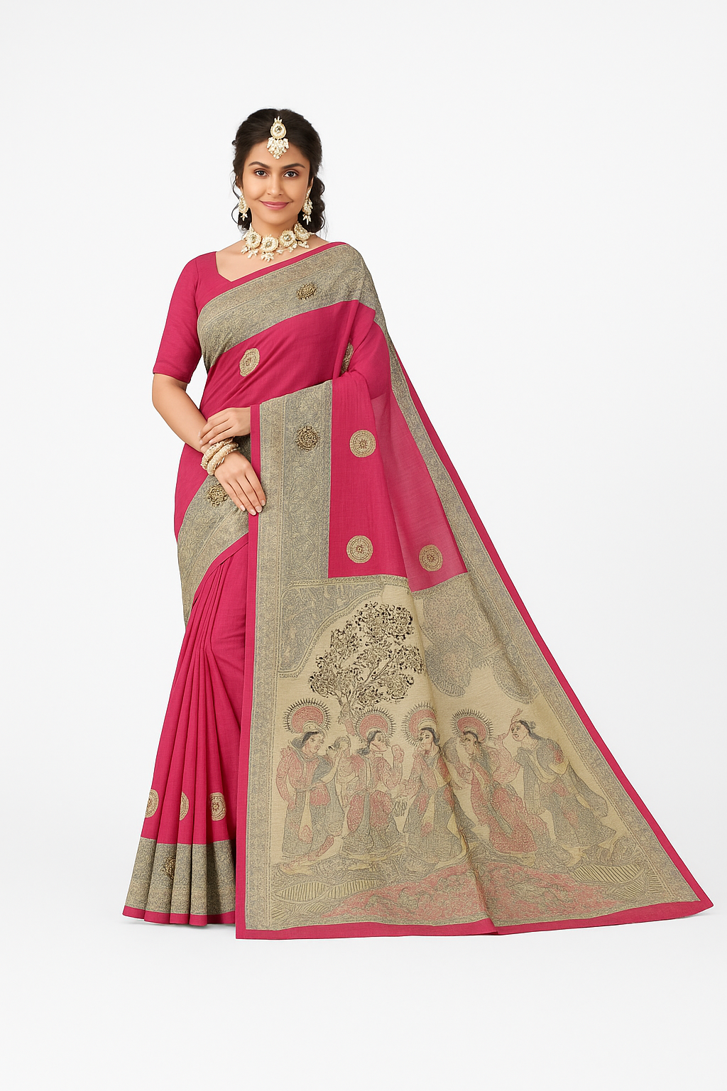 Rani Pink Madhubani Art Saree with Antique Beige Pallu