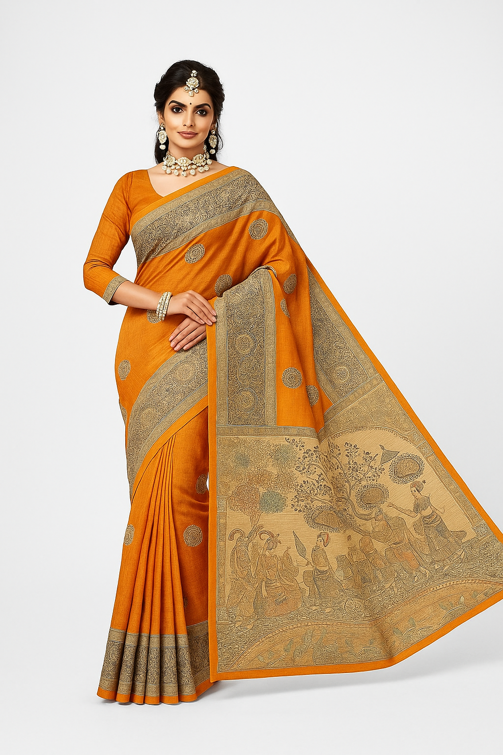 Mustard Madhubani Art Printed Saree in Cotton Silk