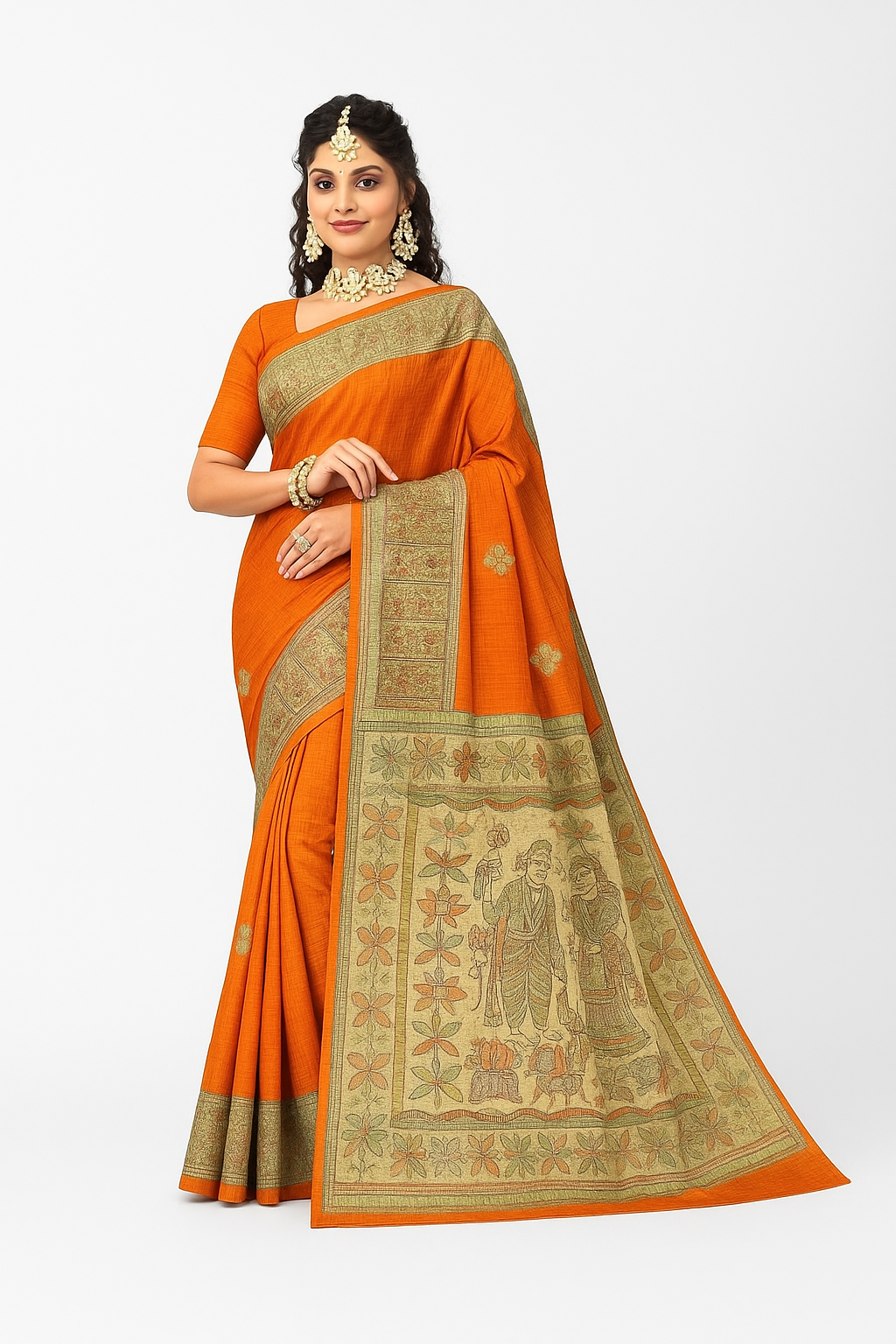 Elegant Orange Handloom Saree with Mythological Madhubani Pallu