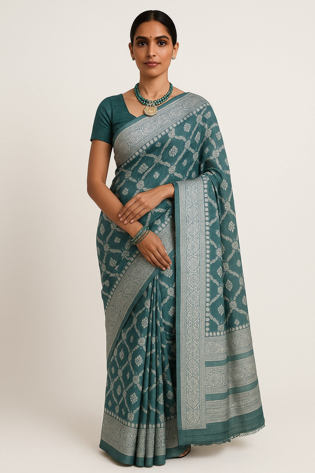 Elegant Teal Green base with light beige/off-white printed patterns