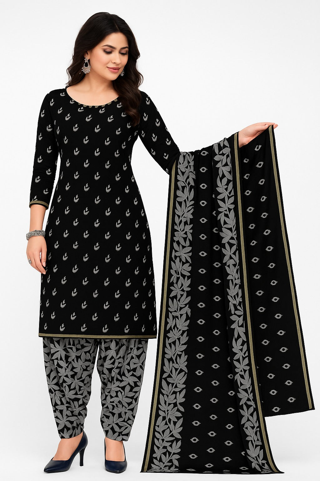 Unstitched Cotton Printed 3-Piece Suit – Black Top with Ash Floral, Ash Bottom with Black Floral & Coordinated Dupatta