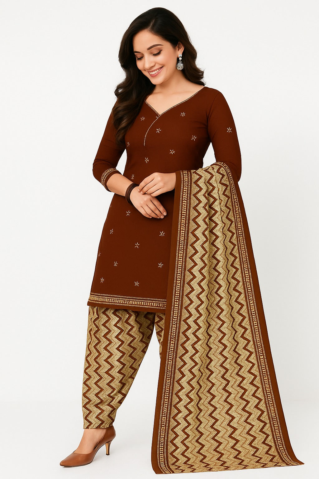 Unstitched Cotton Printed 3-Piece Suit – Chocolate Top with Light Brown Floral, Light Brown Bottom with Chocolate Floral & Matching Dupatta