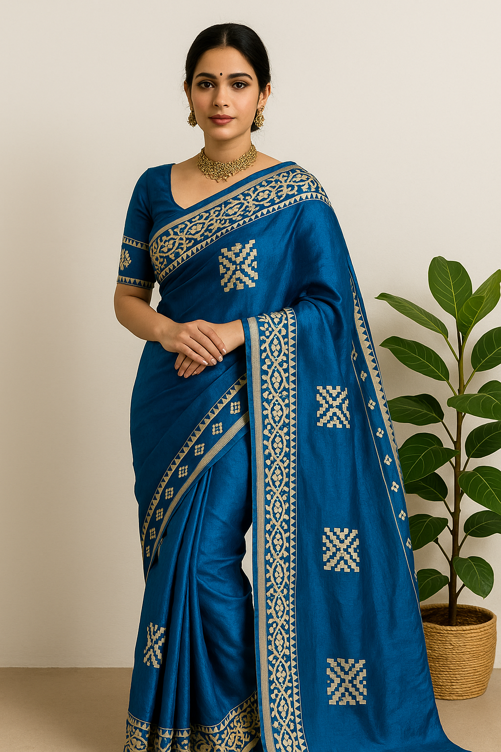 Deep Blue with Off-White Floral Design &amp; Unstitched Blouse (6.5 Meters)