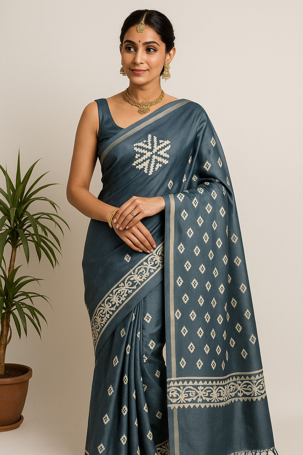 Graceful Grey Fancy Silk Saree with Off-White Floral Design – 6.5 Meters with Unstitched Blouse