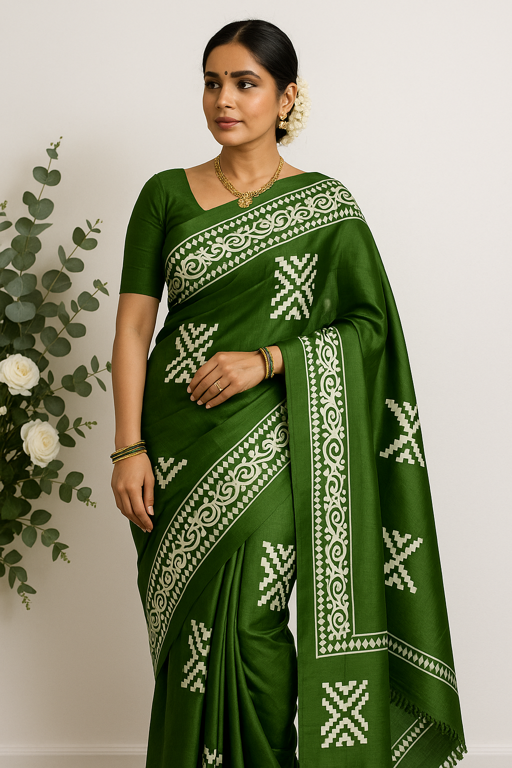 Green with Off-White Floral Design &amp; Unstitched Blouse (6.5 Meters)