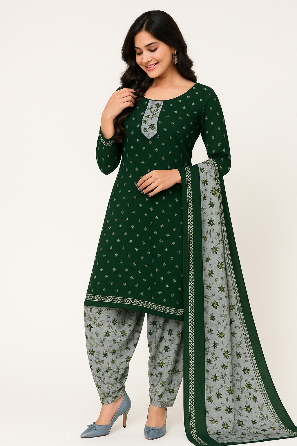 Unstitched Cotton Printed 3-Piece Suit – Green Top with Ash Floral, Ash Bottom with Green Floral, Matching Dupatta