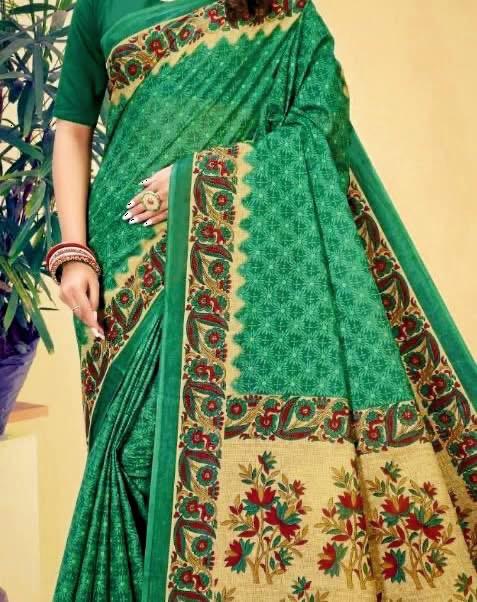 Green Base with Small Dotted Patterns & Multicolour Floral Pallu (5.5 Meters)