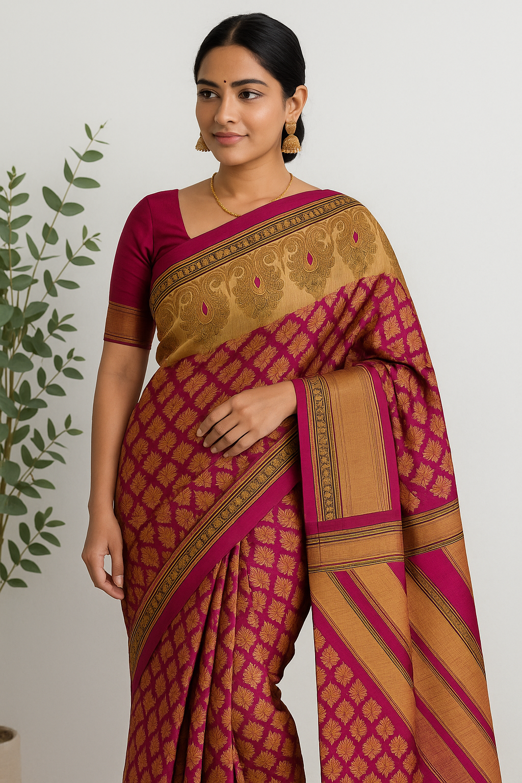 Pink Saree with Floral Design &amp; Unstitched Blouse – 6.5 Meters