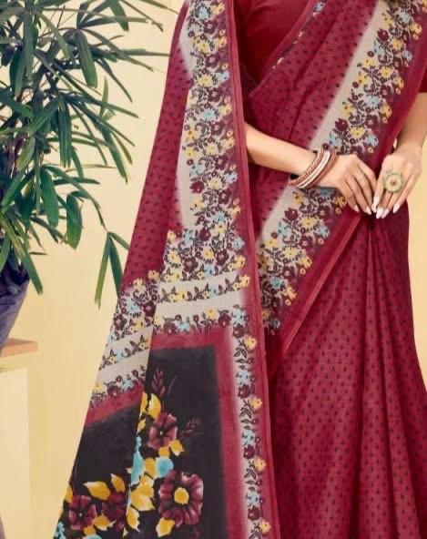 Maroon/Wine Red with Dotted Pattern, Light Grey Pallu &amp; Multicolor Floral Prints (5.5 Meters)