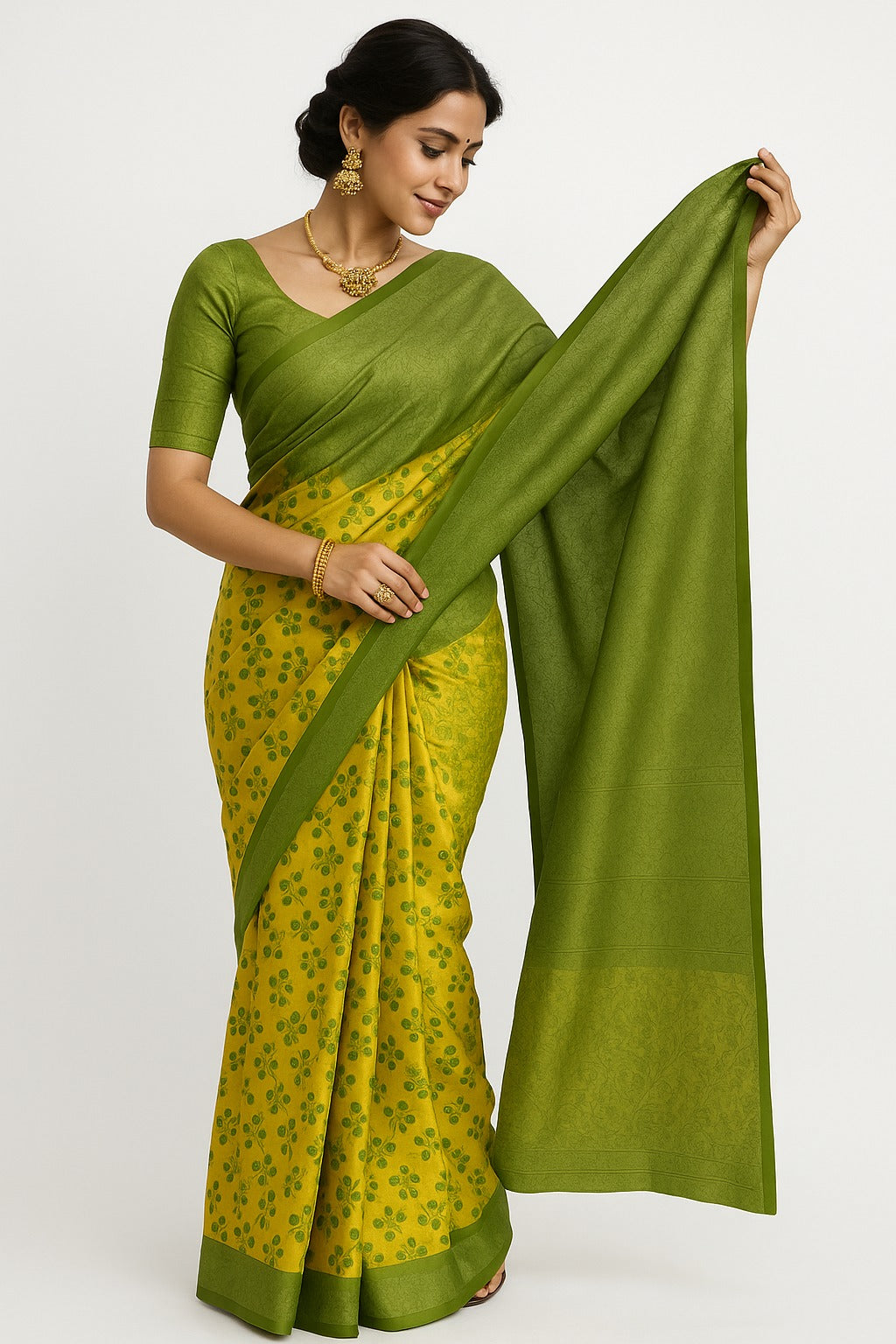 Vibrant Silk Yellow & Olive Green Floral Saree with Unstitched Blouse Piece