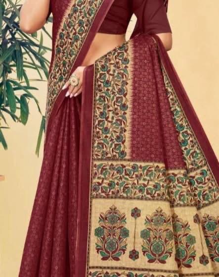 Mustard Yellow Base with Maroon Floral Borders, Multicolor Pallu & Light Grey Accents (5.5 Meters)