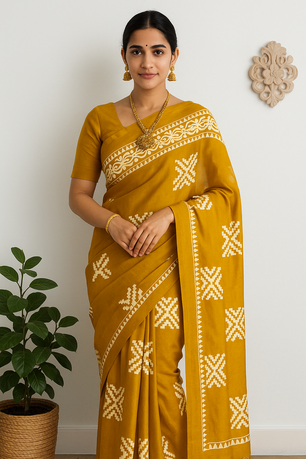 Mustard Yellow with Off-White Floral Design &amp; Unstitched Blouse (6.5 Meters)