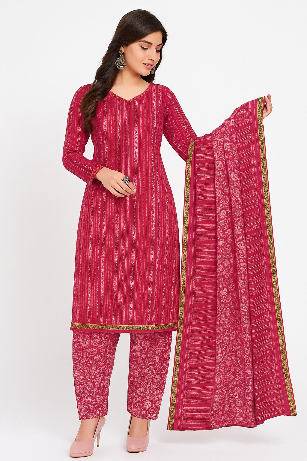Unstitched Cotton Printed 3-Piece Suit – Pink Top with Golden Straight Zari, Baby Pink Bottom with White Floral & Matching Dupatta