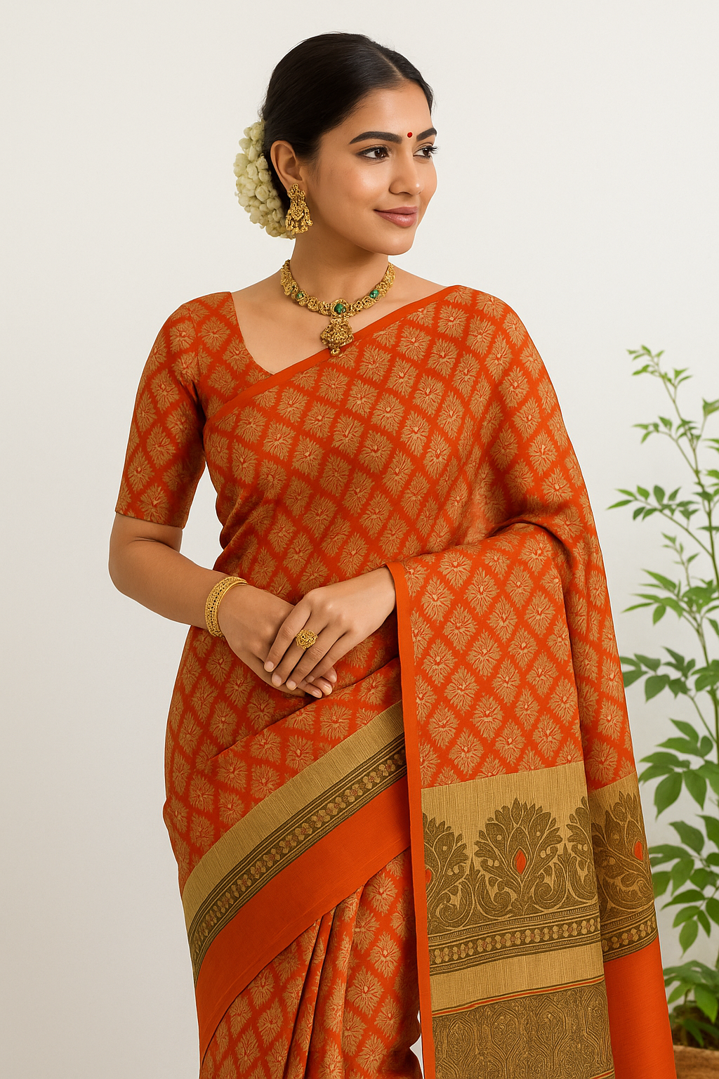 Orange Saree with Floral Design &amp; Unstitched Blouse – 6.5 Meters