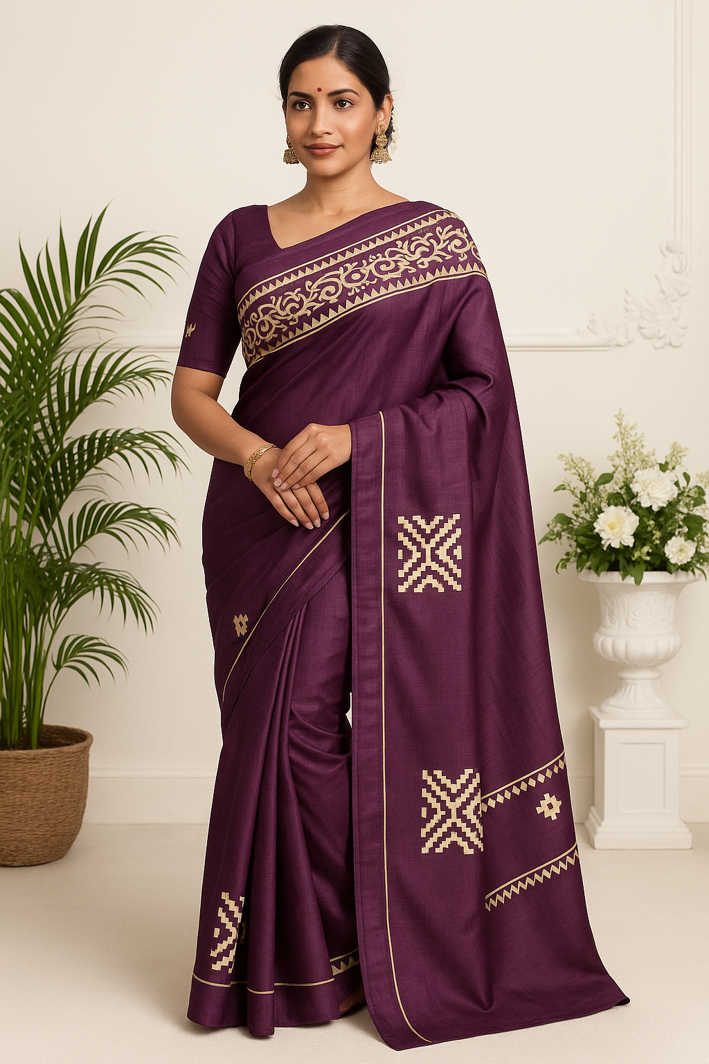 Plum Purple with Off-White Floral Design &amp; Unstitched Blouse (6.5 Meters)