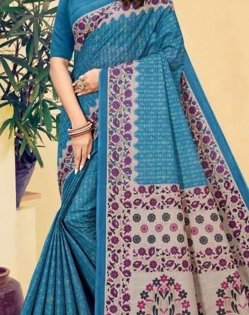Mustard Turquoise Blue Base with Beige Pallu, Purple &amp; Pink Floral Designs, Black Detailing (5.5 Meters)
