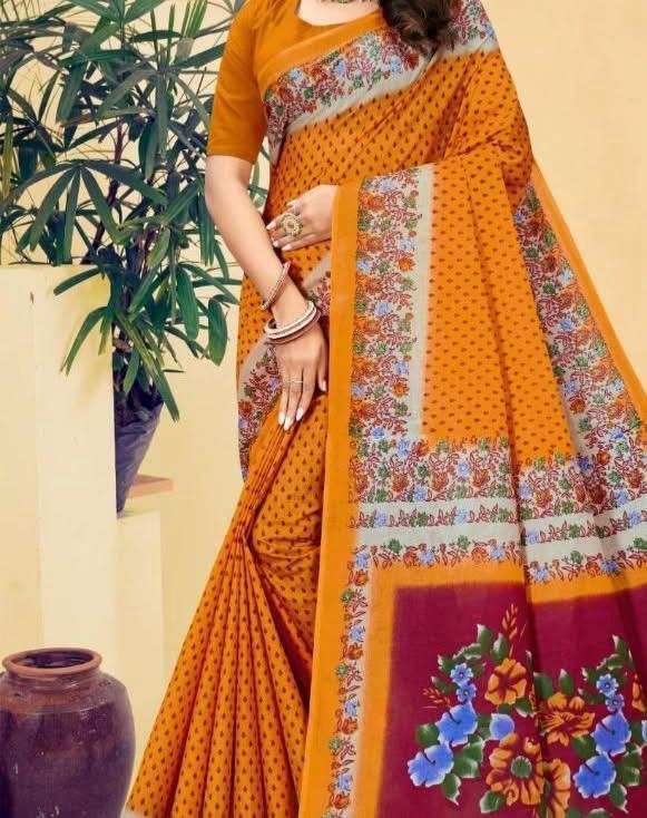 Rust Orange Body with Beige Pallu, Green Floral Motifs &amp; Dark Brown Accents (5.5 Meters)