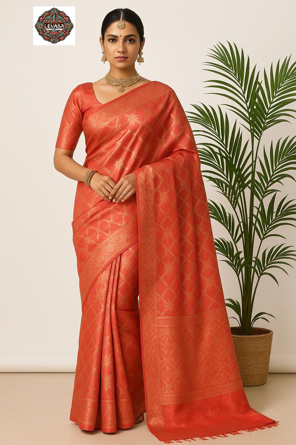 Teal Red Candy Cotton Saree with Golden Zari Brocade in Floral &amp; Geometric Patterns